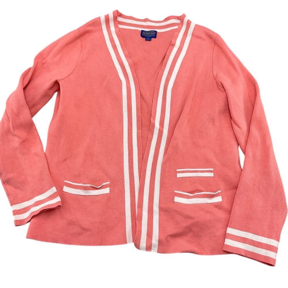 Pendleton Cardigan‎ Women Medium Peach Coral White Silk Nylon Open Sweater VTG
